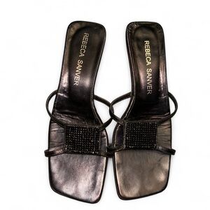 Rebeca Sanver Black Beaded Strap Square-Toe Mules